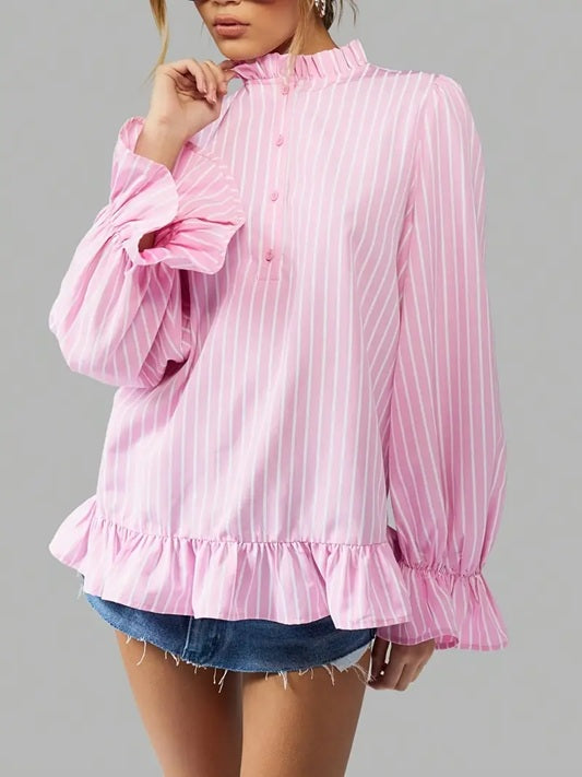 CM-TT927071 Women Elegant Seoul Style Striped Stand Collar Long Sleeve Ruffle Oversized Blouse