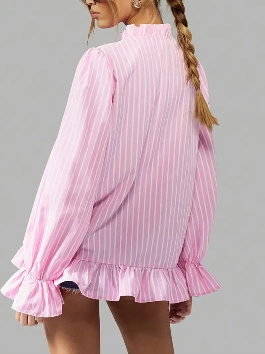 CM-TT927071 Women Elegant Seoul Style Striped Stand Collar Long Sleeve Ruffle Oversized Blouse