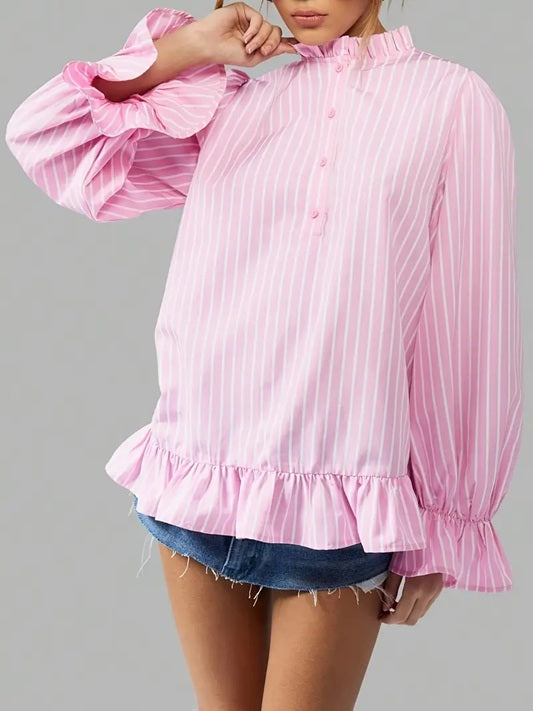 CM-TT927071 Women Elegant Seoul Style Striped Stand Collar Long Sleeve Ruffle Oversized Blouse