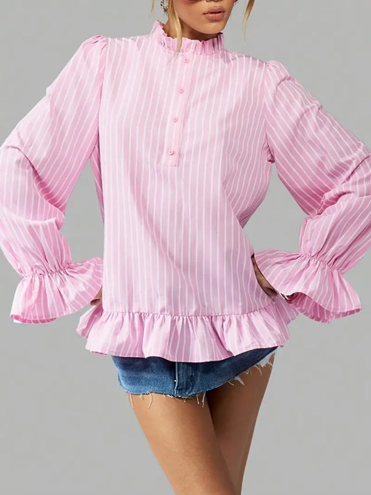 CM-TT927071 Women Elegant Seoul Style Striped Stand Collar Long Sleeve Ruffle Oversized Blouse