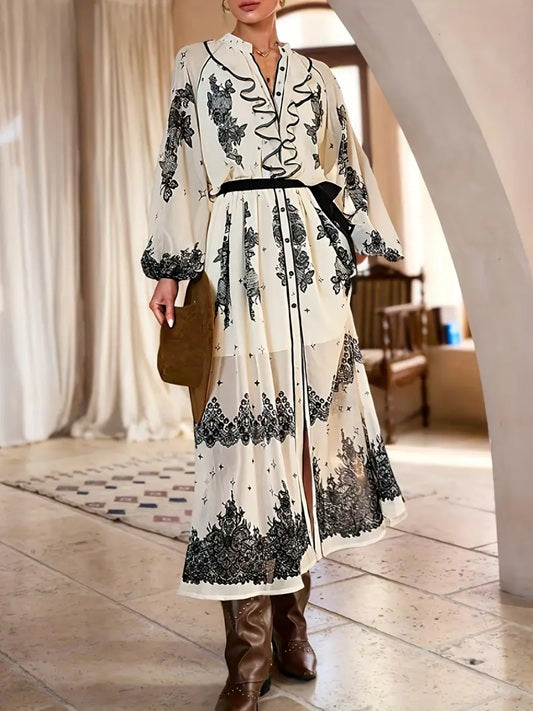 CM-DT501559 Women Trendy Bohemian Style Stand Collar Long Sleeve All-Over Print Ruffle Dress