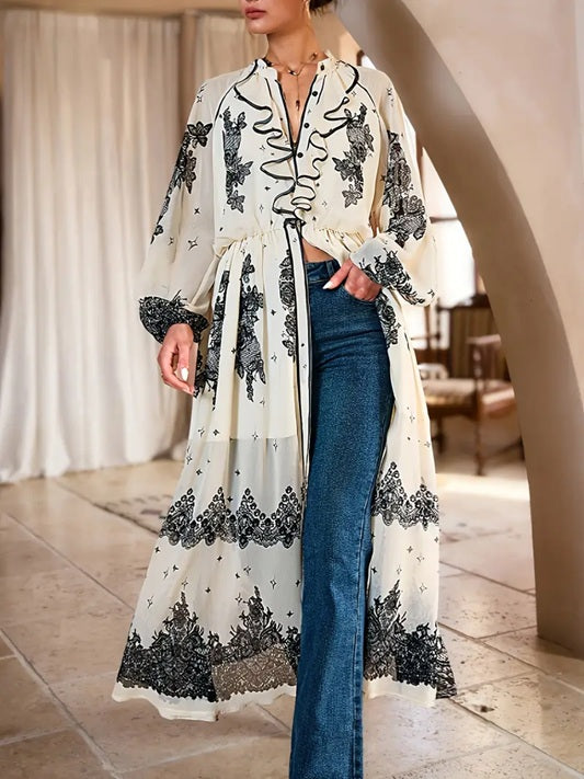 CM-DT501559 Women Trendy Bohemian Style Stand Collar Long Sleeve All-Over Print Ruffle Dress