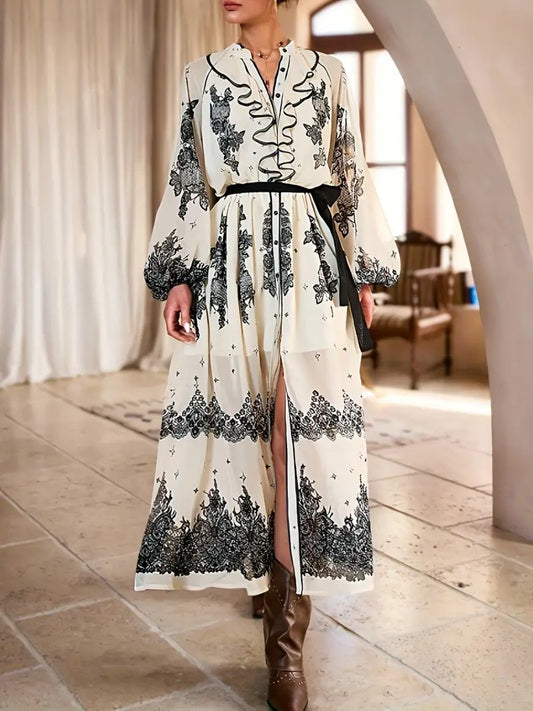 CM-DT501559 Women Trendy Bohemian Style Stand Collar Long Sleeve All-Over Print Ruffle Dress