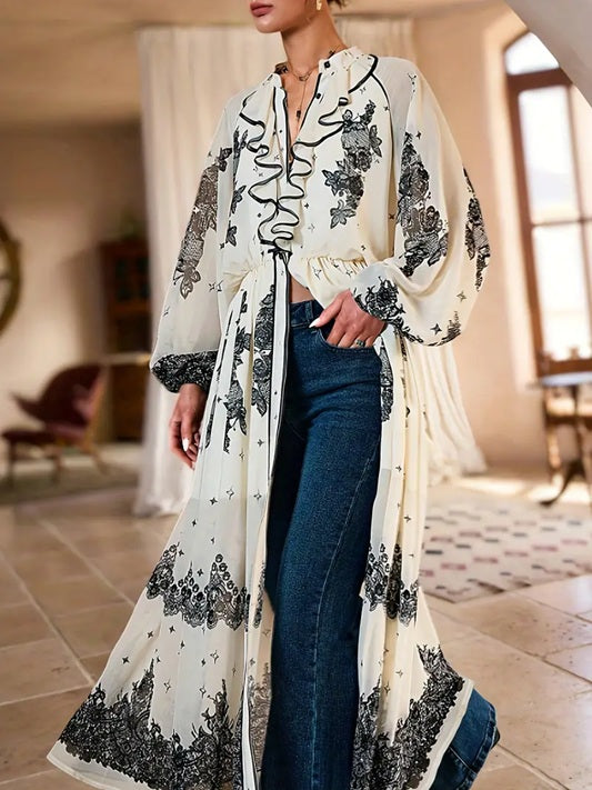CM-DT501559 Women Trendy Bohemian Style Stand Collar Long Sleeve All-Over Print Ruffle Dress