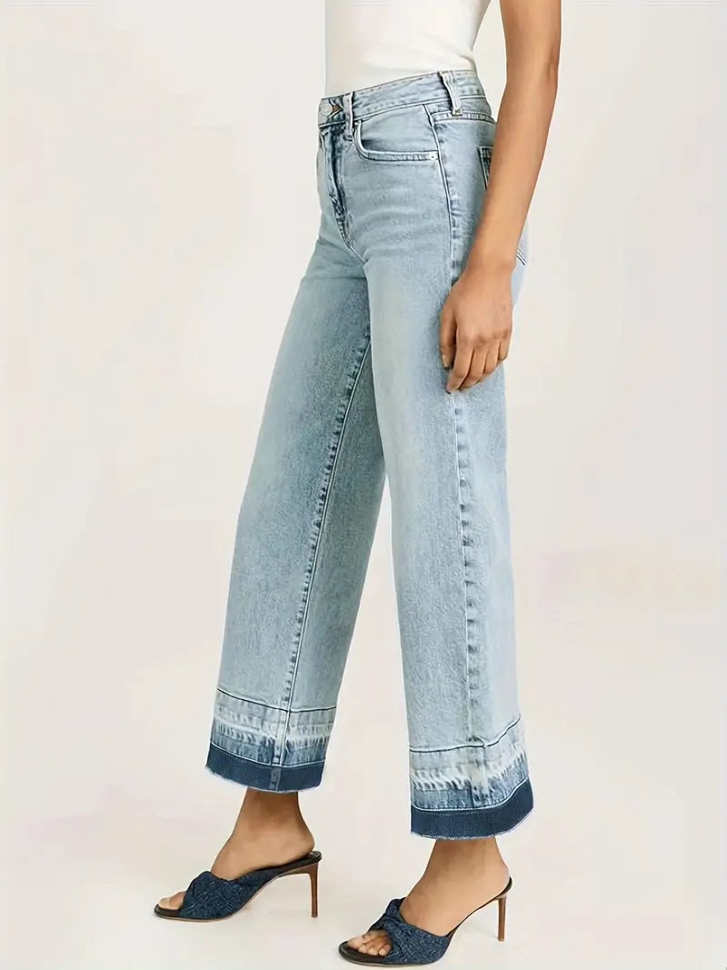 CM-BT080833 Women Casual Seoul Style Stretchy Color Block Wide-Leg Denim Jeans - Light Blue
