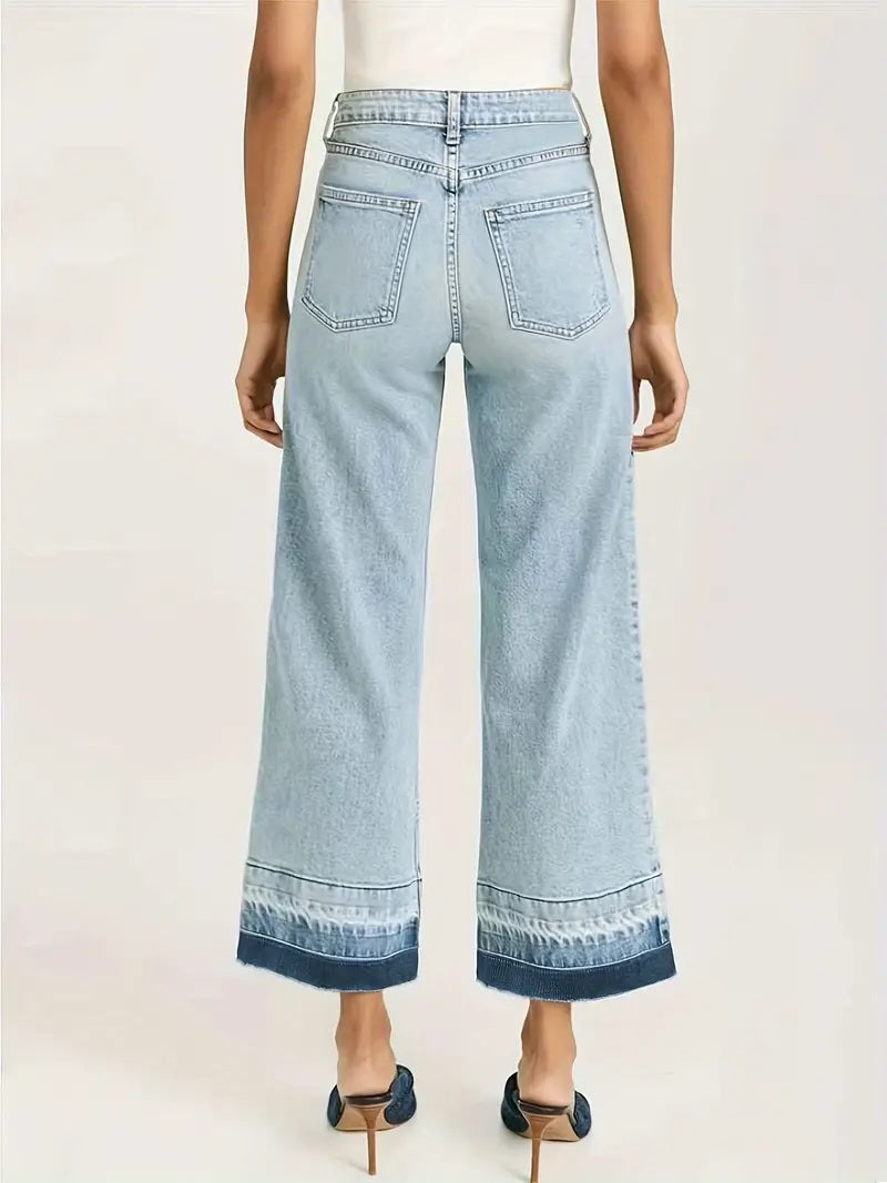 CM-BT080833 Women Casual Seoul Style Stretchy Color Block Wide-Leg Denim Jeans - Light Blue