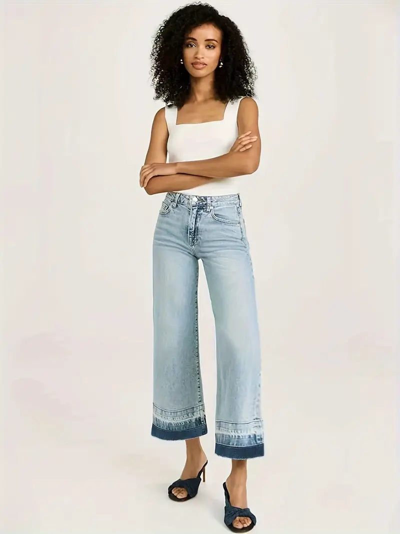 CM-BT080833 Women Casual Seoul Style Stretchy Color Block Wide-Leg Denim Jeans - Light Blue