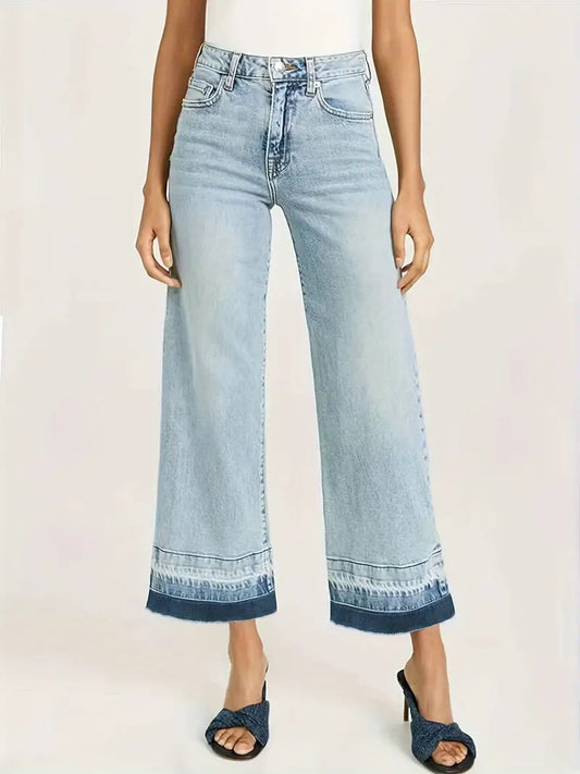 CM-BT080833 Women Casual Seoul Style Stretchy Color Block Wide-Leg Denim Jeans - Light Blue