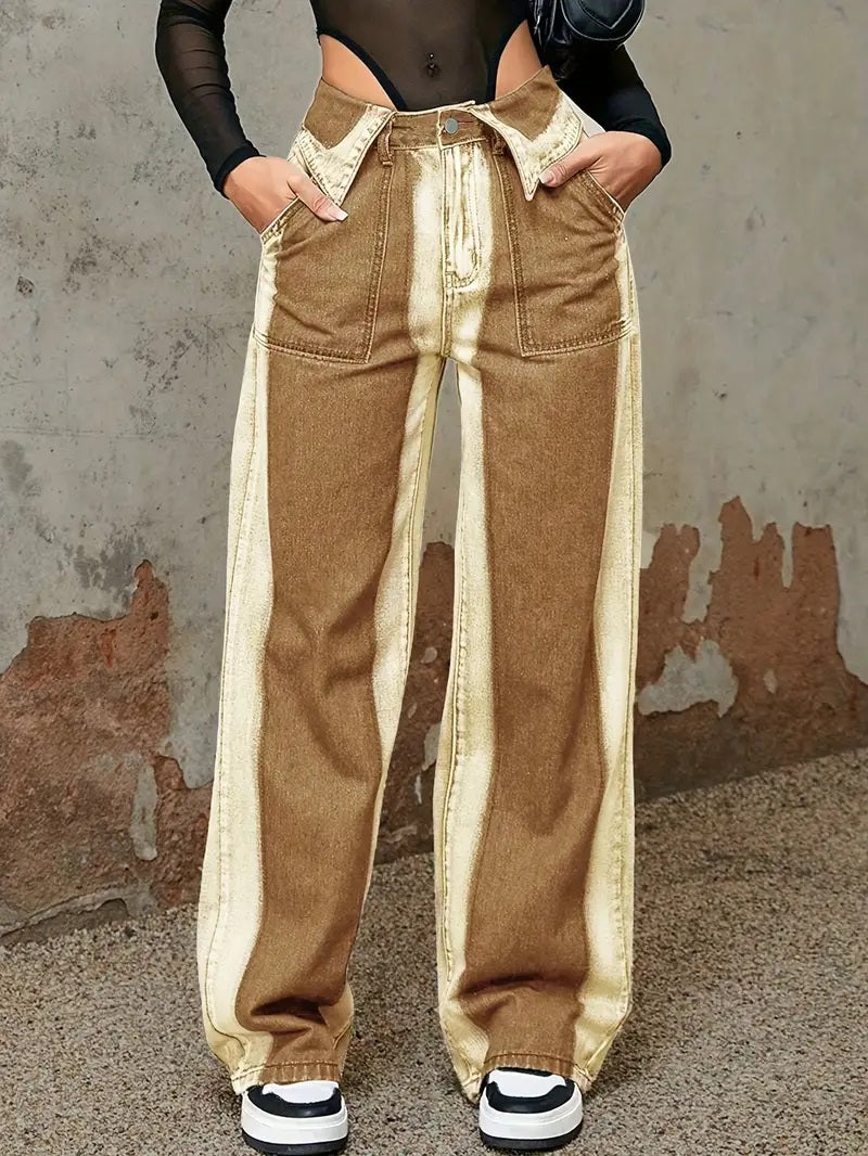 CM-BT109652 Women Casual Seoul Style Tie-Dye Striped Colorblock Flipped Waistband Loose Denim