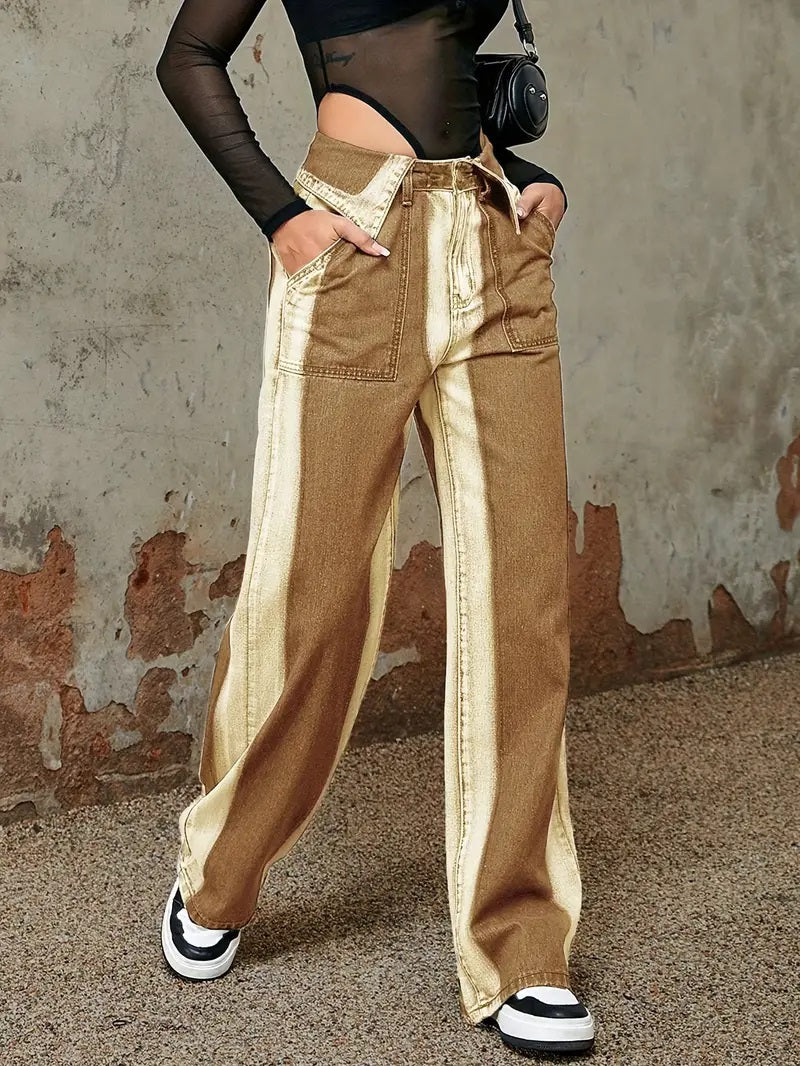 CM-BT109652 Women Casual Seoul Style Tie-Dye Striped Colorblock Flipped Waistband Loose Denim