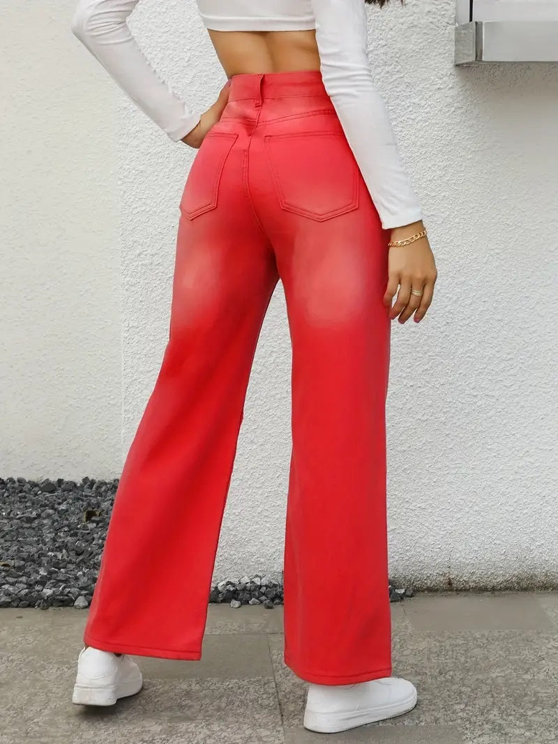 CM-BT027979 Women Casual Seoul Style Star Pattern Loose Fit Slant Pockets Wide Legs Jeans