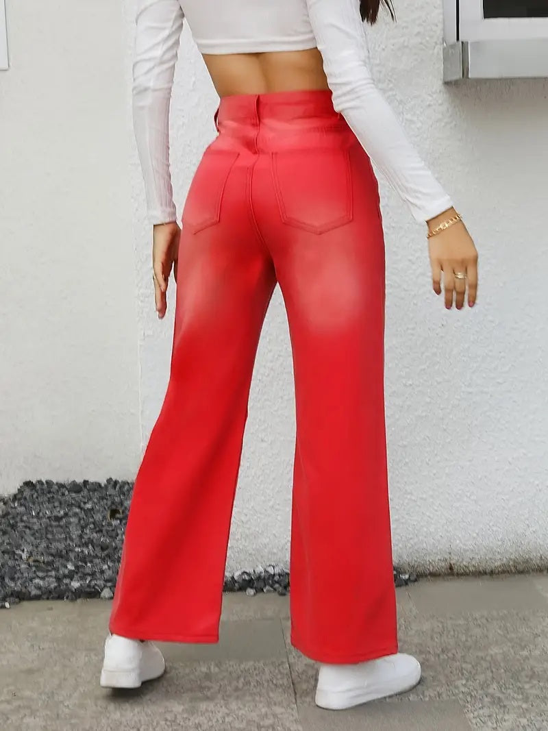 CM-BT027979 Women Casual Seoul Style Star Pattern Loose Fit Slant Pockets Wide Legs Jeans