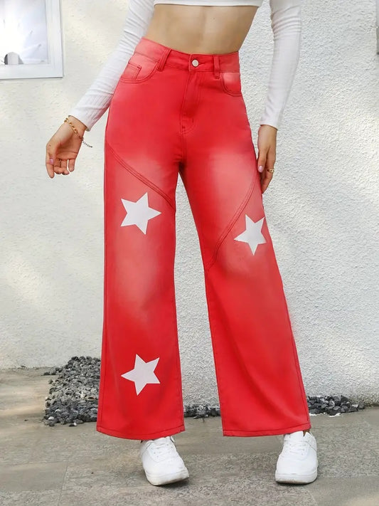 CM-BT027979 Women Casual Seoul Style Star Pattern Loose Fit Slant Pockets Wide Legs Jeans