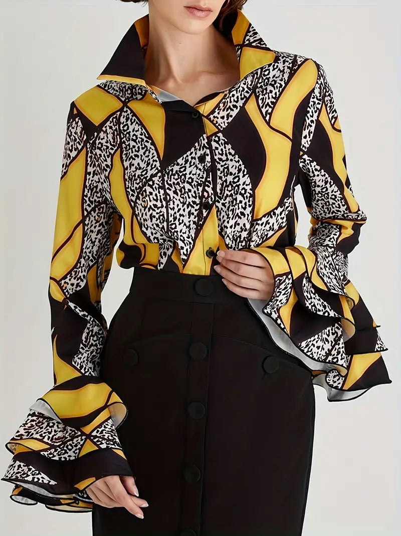 CM-TT044743 Women Casual Seoul Style Graphic Print Single Button Layered Flare Sleeve Blouse