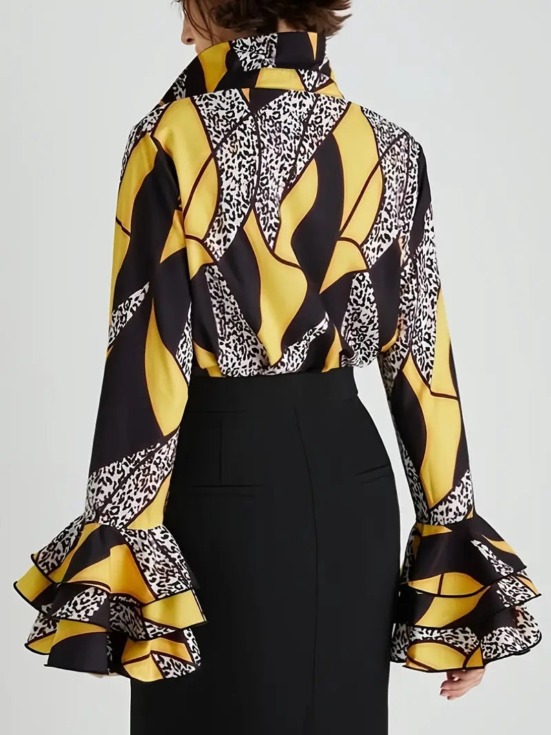 CM-TT044743 Women Casual Seoul Style Graphic Print Single Button Layered Flare Sleeve Blouse
