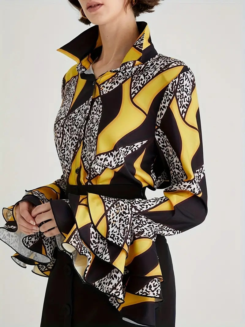 CM-TT044743 Women Casual Seoul Style Graphic Print Single Button Layered Flare Sleeve Blouse