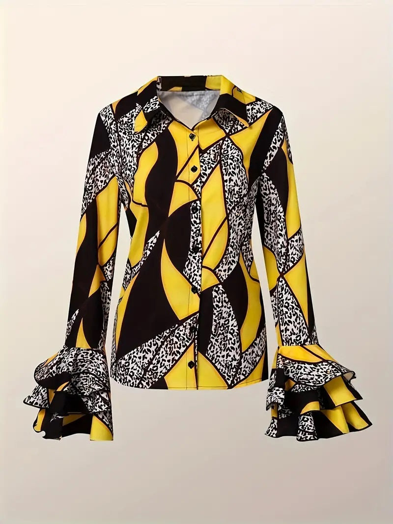 CM-TT044743 Women Casual Seoul Style Graphic Print Single Button Layered Flare Sleeve Blouse