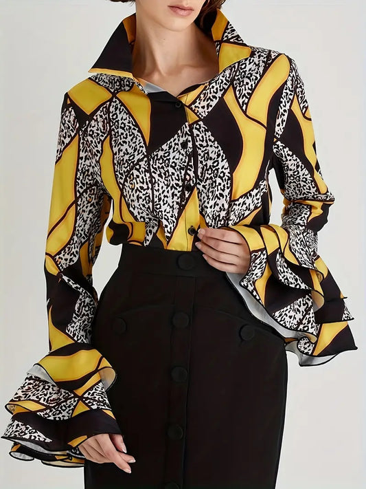 CM-TT044743 Women Casual Seoul Style Graphic Print Single Button Layered Flare Sleeve Blouse