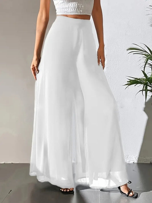 CM-BT203933 Women Elegant Seoul Style Sheer Flowy Tulle Detail Wide-Leg Pants - White