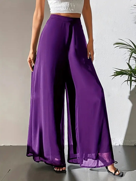 CM-BT203933 Women Elegant Seoul Style Sheer Flowy Tulle Detail Wide-Leg Pants - Purple