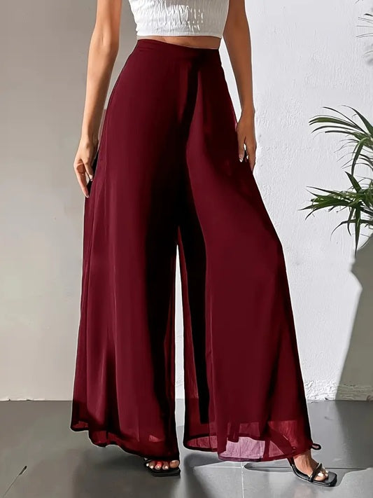 CM-BT203933 Women Elegant Seoul Style Sheer Flowy Tulle Detail Wide-Leg Pants - Burgundy