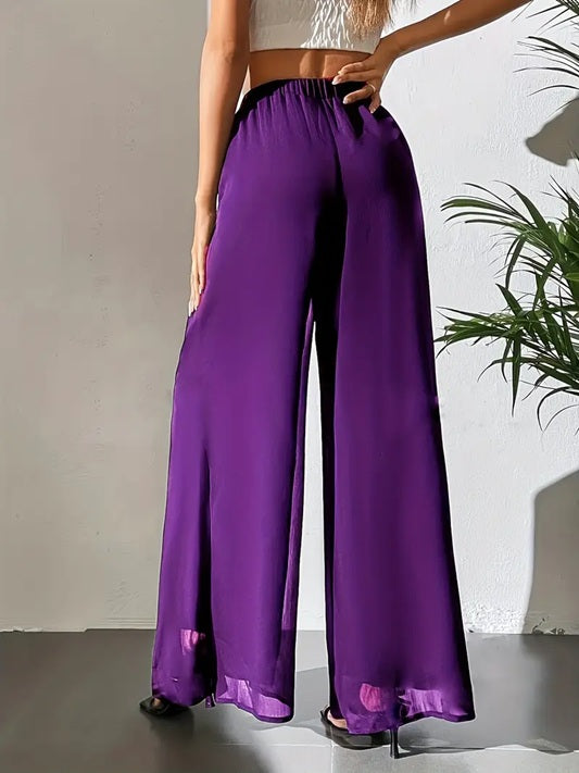 CM-BT203933 Women Elegant Seoul Style Sheer Flowy Tulle Detail Wide-Leg Pants - Purple