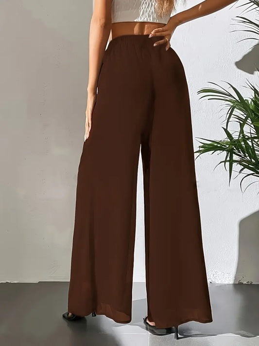 CM-BT203933 Women Elegant Seoul Style Sheer Flowy Tulle Detail Wide-Leg Pants - Dark Brown