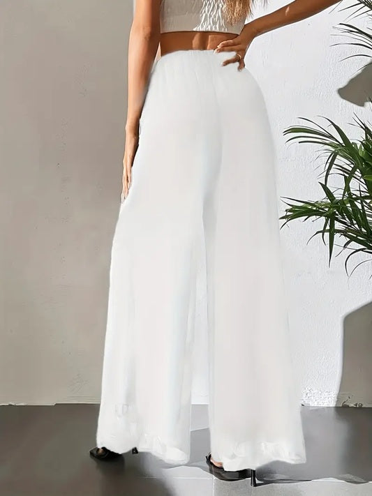 CM-BT203933 Women Elegant Seoul Style Sheer Flowy Tulle Detail Wide-Leg Pants - White
