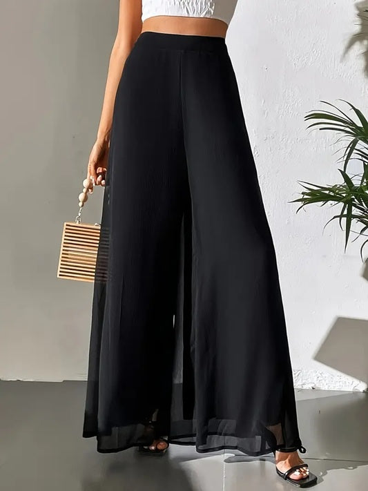 CM-BT203933 Women Elegant Seoul Style Sheer Flowy Tulle Detail Wide-Leg Pants - Black