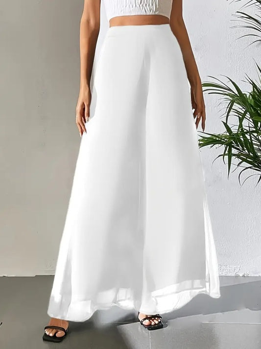 CM-BT203933 Women Elegant Seoul Style Sheer Flowy Tulle Detail Wide-Leg Pants - White