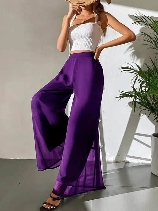 CM-BT203933 Women Elegant Seoul Style Sheer Flowy Tulle Detail Wide-Leg Pants - Purple