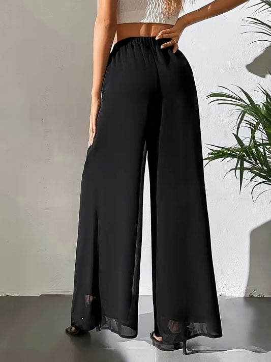 CM-BT203933 Women Elegant Seoul Style Sheer Flowy Tulle Detail Wide-Leg Pants - Black