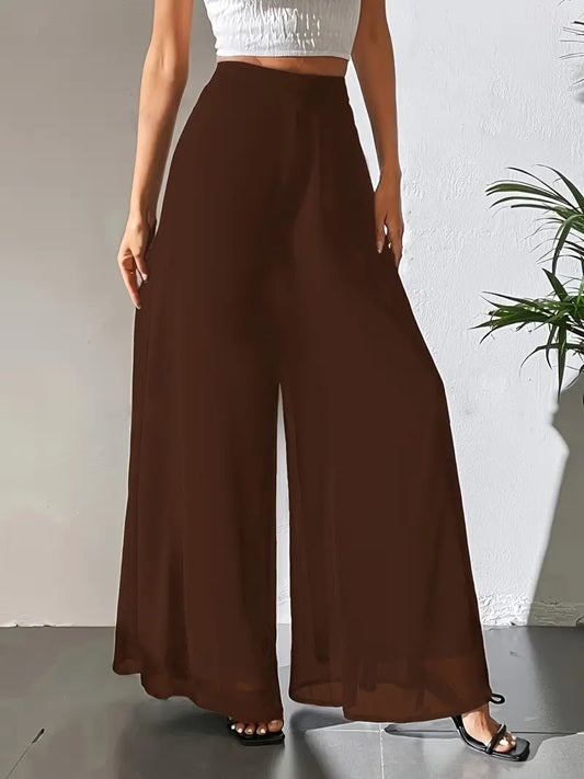 CM-BT203933 Women Elegant Seoul Style Sheer Flowy Tulle Detail Wide-Leg Pants - Dark Brown