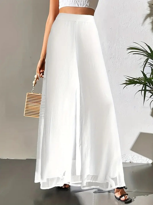 CM-BT203933 Women Elegant Seoul Style Sheer Flowy Tulle Detail Wide-Leg Pants - White