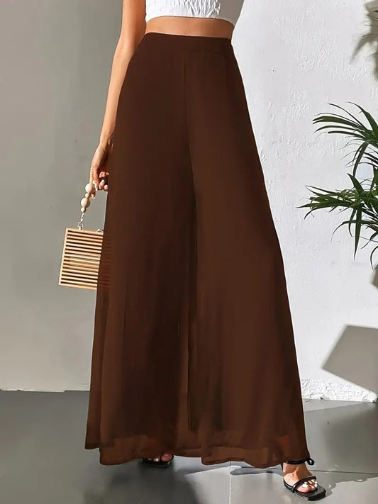 CM-BT203933 Women Elegant Seoul Style Sheer Flowy Tulle Detail Wide-Leg Pants - Dark Brown