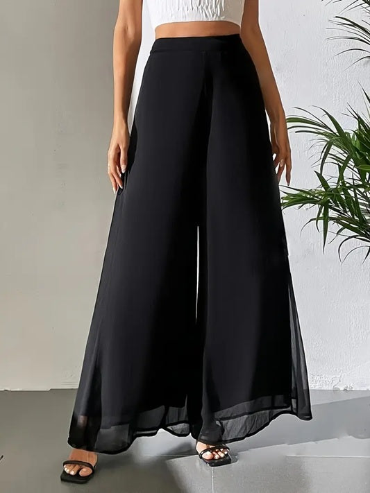 CM-BT203933 Women Elegant Seoul Style Sheer Flowy Tulle Detail Wide-Leg Pants - Black