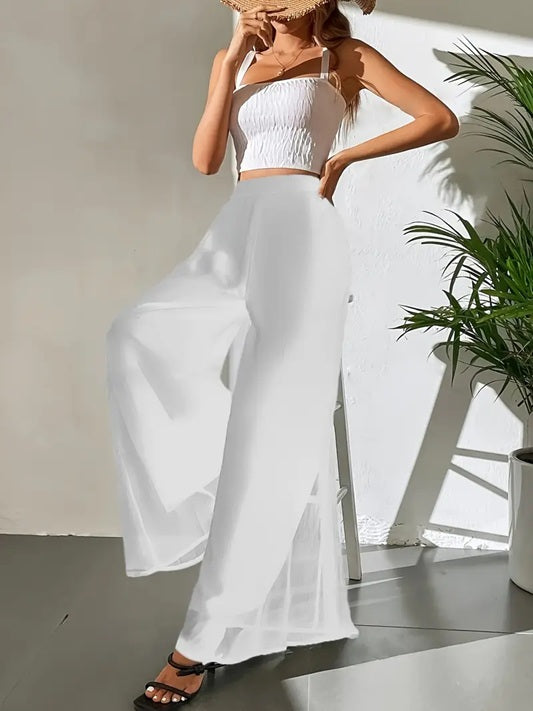CM-BT203933 Women Elegant Seoul Style Sheer Flowy Tulle Detail Wide-Leg Pants - White