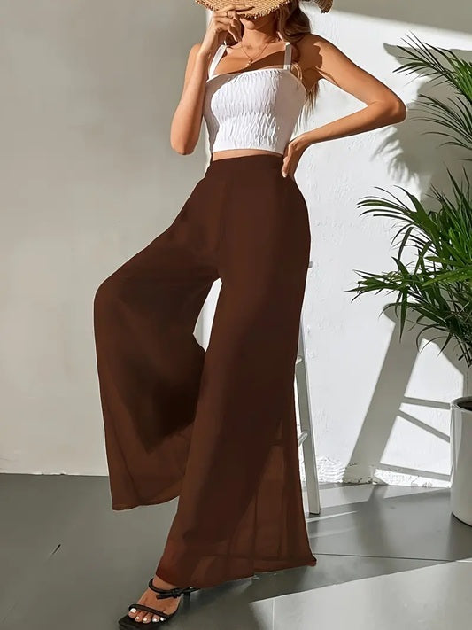 CM-BT203933 Women Elegant Seoul Style Sheer Flowy Tulle Detail Wide-Leg Pants - Dark Brown