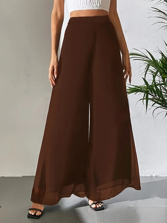 CM-BT203933 Women Elegant Seoul Style Sheer Flowy Tulle Detail Wide-Leg Pants - Dark Brown