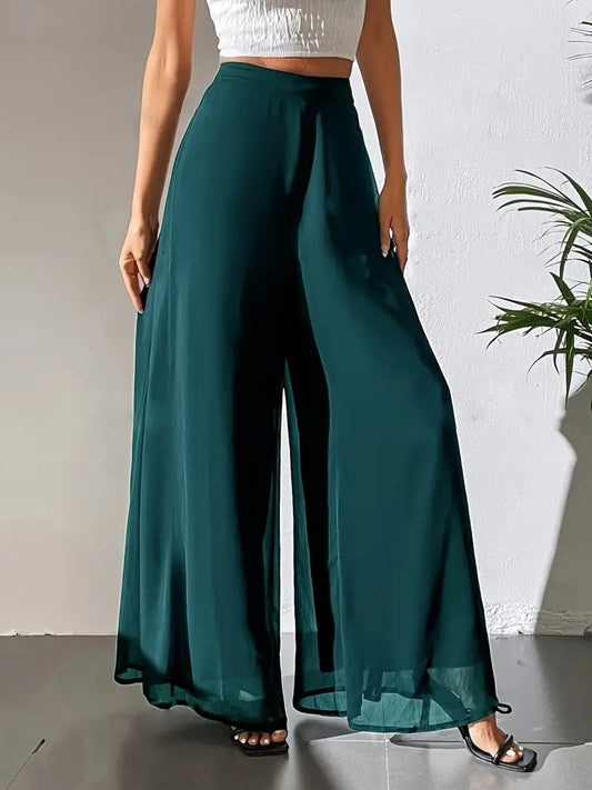 CM-BT203933 Women Elegant Seoul Style Sheer Flowy Tulle Detail Wide-Leg Pants - Malachite Green