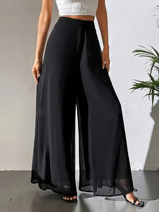 CM-BT203933 Women Elegant Seoul Style Sheer Flowy Tulle Detail Wide-Leg Pants - Black