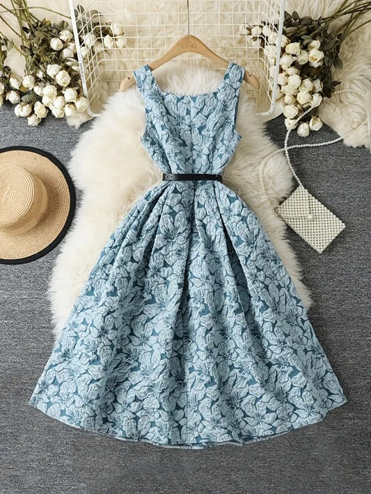 CM-DT329623 Women Eleagnt Seoul Style Square Neck Sleeveless Floral Print A-Line Dress - Blue