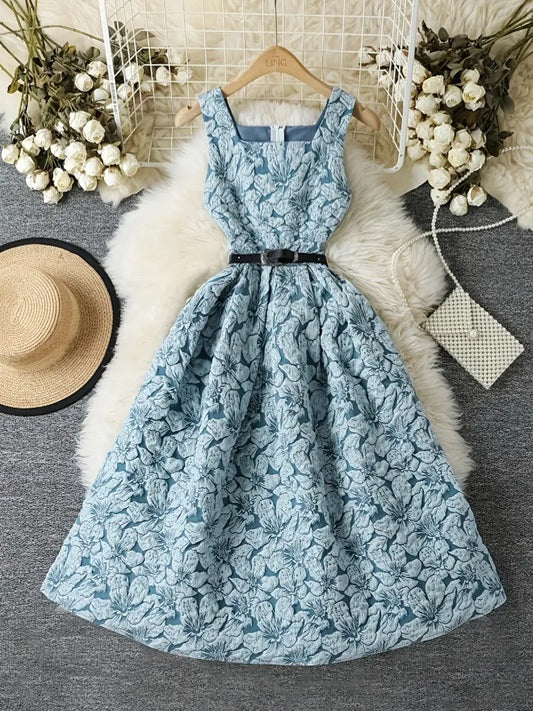 CM-DT329623 Women Eleagnt Seoul Style Square Neck Sleeveless Floral Print A-Line Dress - Blue