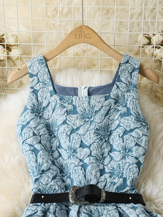 CM-DT329623 Women Eleagnt Seoul Style Square Neck Sleeveless Floral Print A-Line Dress - Blue