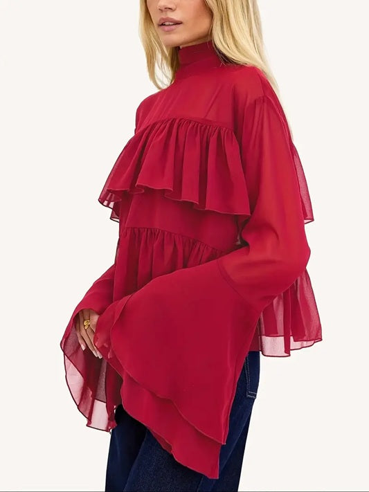 CM-TT787830 Women Elegant Seoul Style Chiffon High Neck Bell Sleeve Ruffle Mesh Overlay Blouse