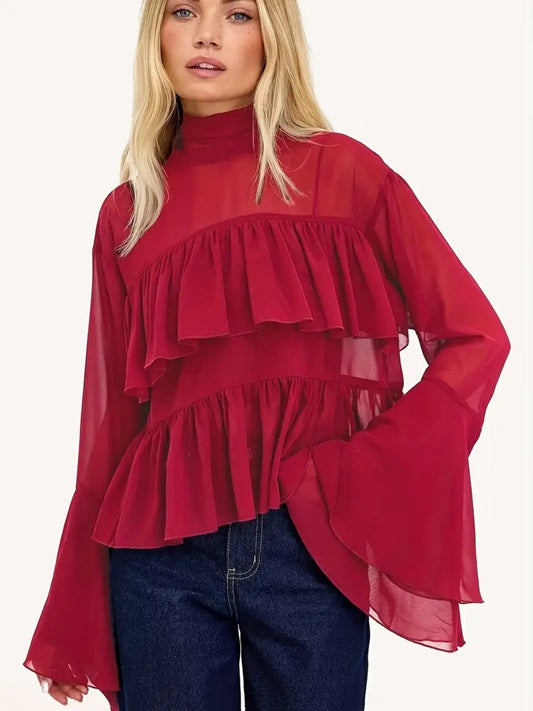 CM-TT787830 Women Elegant Seoul Style Chiffon High Neck Bell Sleeve Ruffle Mesh Overlay Blouse