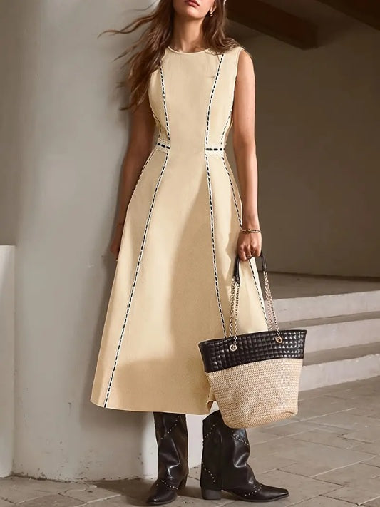 CM-DT568565 Women Elegant Seoul Style Solid Color Round Neck Sleeveless Long Dress