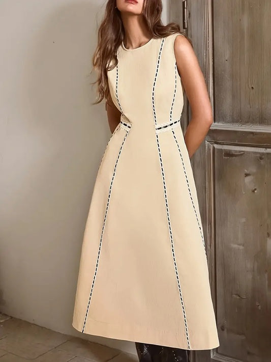 CM-DT568565 Women Elegant Seoul Style Solid Color Round Neck Sleeveless Long Dress