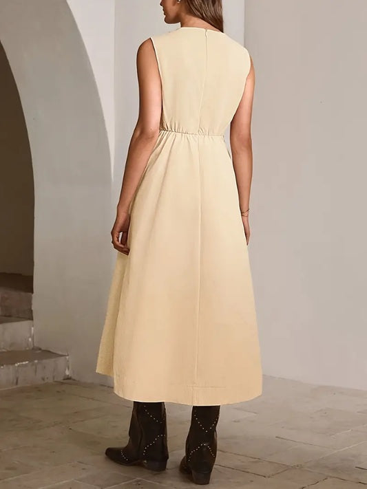 CM-DT568565 Women Elegant Seoul Style Solid Color Round Neck Sleeveless Long Dress