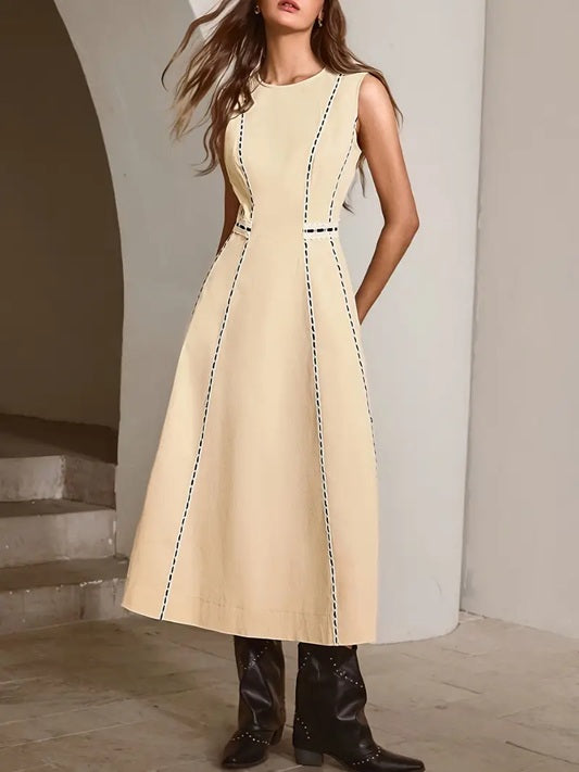 CM-DT568565 Women Elegant Seoul Style Solid Color Round Neck Sleeveless Long Dress